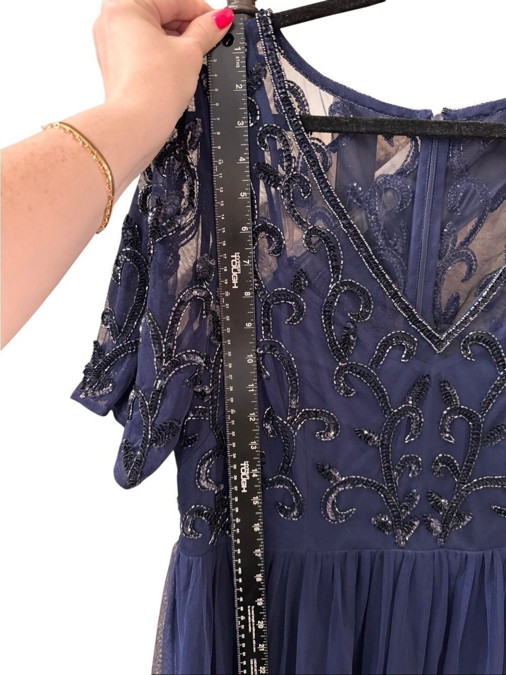 Papell Studio Navy Blue Beaded Mesh Formal Gown Dress Plus Size 16 - Picture 11 of 16